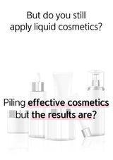 Cosmetic bottles with text questioning the effectiveness of liquid cosmetics.
