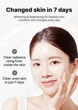 Woman with clear skin showing improvement after 7 days, with text about whitening and brightening.