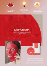 Salmon DNA facial mask with benefits listed on a red and pink background