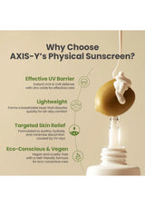 Advertisement for AXIS-Y physical sunscreen with product and benefits listed.