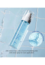 Aqua spray bottle with hydrating mist feature on a light blue background