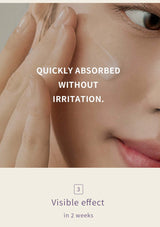 Close-up of a person applying a skincare product with text about absorption and effect.