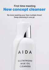 AIDA Glutathione Milk Oil Cleanser bottle on a light gray background with promotional text.
