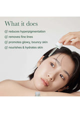 Person applying skincare product to face with text highlighting benefits on a light background