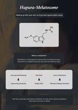 Advertisement for Hupura-Melatosome with chemical structure and benefits on a dark background