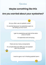 Text conversation about concerns with eyelashes and a desire for a non-irritating perm.