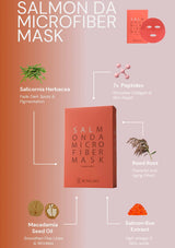 Salmon da microfiber mask packaging with ingredients and benefits on a gradient background