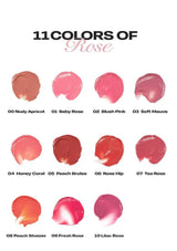 11 shades of rose lip color swatches on a white background