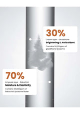 Product packaging with percentages and text about skincare ingredients on a gray background