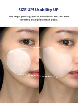 Two views of a face with a large exfoliation pad applied, showing before and after effects.