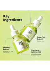 Skincare product with key ingredients highlighted on a green background