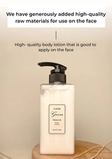 Bottle of high-quality body lotion on a wooden surface with text about its use on the face.