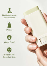 Hand holding a skincare product with features listed on the left.