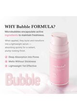 Pink skincare bottle with text explaining bubble formula benefits on a white background