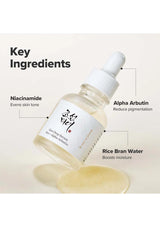 Skincare serum bottle with key ingredients listed on a light background