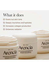 Arencia rice mucin glow serum jars with text on a white background