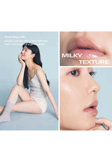 Advertisement for a product with a woman sitting, close-up of skin, and text about 'Milky Texture'.