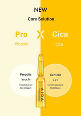 AIDA Pro X Cica skincare product with propolis and cica ingredients on a yellow and beige background.