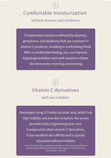 Text describing the benefits of a skincare serum with vitamin C derivatives on a light background