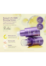 Two bottles of Retinol 1.9% NMN Boosting Serum with packaging details on a yellow background.