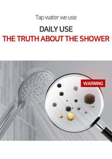 Shower head with a magnifying glass showing particles, accompanied by text about tap water quality.