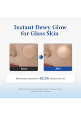 Before and after effect of a skincare product on skin with text 'Instant Dewy Glow for Glass Skin'.