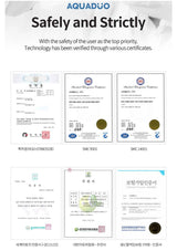 Certifications and safety verification logos displayed on a white background with 'AQUADUO' branding.