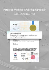 Patented melanin-inhibiting ingredient MELAZERO V2 with a certificate of patent on a gray background