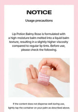 Lip Potion Balmy Rose with usage precautions on a pink background