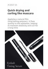 Cosmetics with text about eyelash tinting serum and mascara on a black and white background