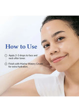 Woman applying skincare product with text on how to use it
