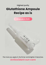 Ampoule with 'Aida' branding on a light gray background, featuring text about glutathione and antioxidant sun care.