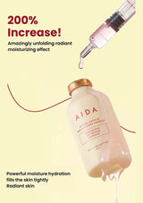 AIDA skincare product with a syringe and text about moisturizing effect on a beige background
