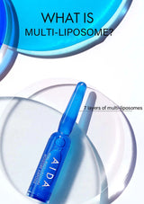 Blue AIDA skincare product with multi-liposome text and layers illustration on a white background