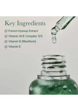 Bottle of green liquid with dropper and list of key ingredients on a light gray background