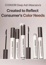 COSNORI mascara tubes with text about reflecting consumer color needs on a gray background