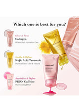 Medicube skincare products with product names and benefits on a white background