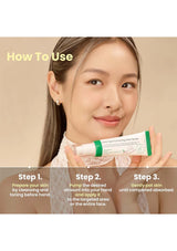Woman holding a skincare product with step-by-step instructions on how to use it.