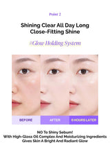 Before, after, and 6 hours later comparison of a person's face with text about a skincare product.