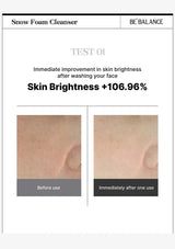 Advertisement for Snow Foam Cleanser showing skin brightness improvement before and after use.