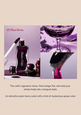 Collage of a bottle, glass, and other items with a plum berry theme.