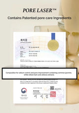 Product packaging with 'PORE LASER' text and certification logos on a light background
