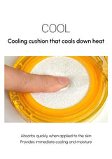 Cooling cushion with a hand pressing on it, labeled 'COOL'.