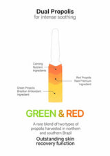 Product packaging with text about Dual Propolis for intense soothing, featuring green and red propolis.