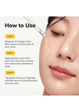 Instructions on how to use a serum with a close-up of a person's face.