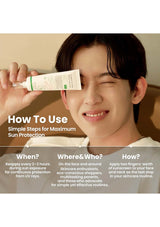 Person applying sunscreen with text on how to use it for maximum sun protection.