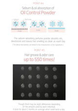 Product description for oil control powder with text and images on a white background