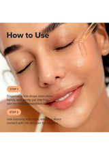 Instructions on how to use a skincare product with a close-up of a woman's face.