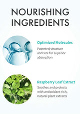 Nourishing ingredients with optimized molecules and raspberry leaf extract on a white background