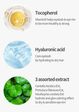 Product ingredients with tocopherol, hyaluronic acid, and assorted extracts on a white background.